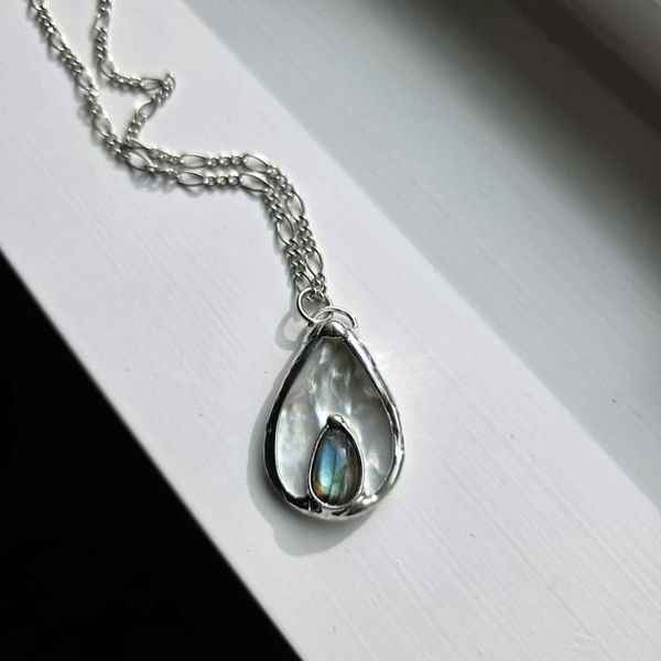 Alternate image for Abalone Shell, Blue Flash Labradorite, Teardrop Pendant, Shiny Silver Finish, One Of A Kind