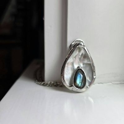 Alternate image for Abalone Shell, Blue Flash Labradorite, Teardrop Pendant, Shiny Silver Finish, One Of A Kind