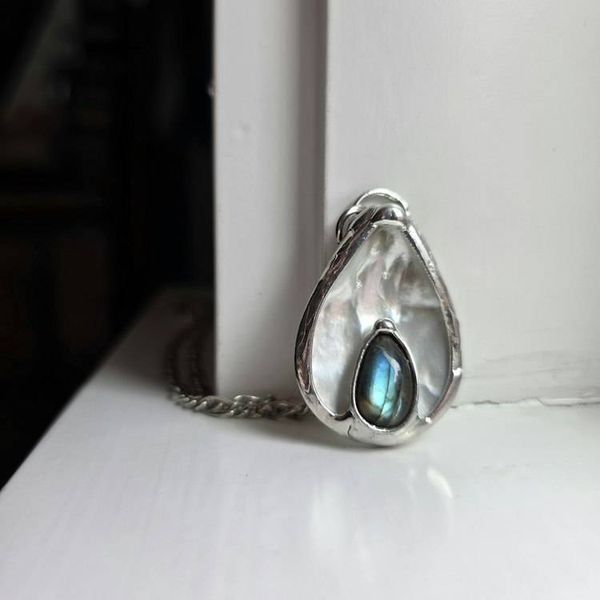 Alternate image for Abalone Shell, Blue Flash Labradorite, Teardrop Pendant, Shiny Silver Finish, One Of A Kind