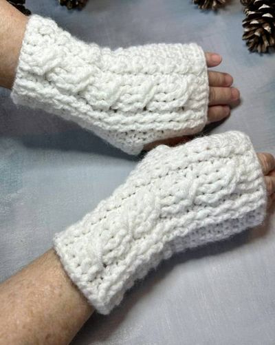Alternate image for White Crocheted Cabled Wrist Warmers