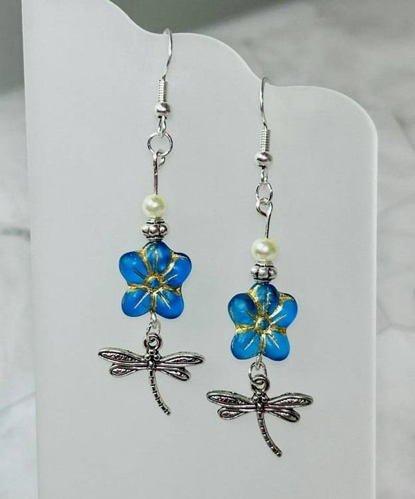 Alternate image for Blue Czech Glass Flower & Dragonfly Earrings with Pearl