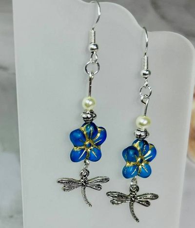 Alternate image for Blue Czech Glass Flower & Dragonfly Earrings with Pearl