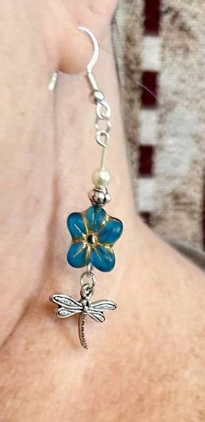 Alternate image for Blue Czech Glass Flower & Dragonfly Earrings with Pearl