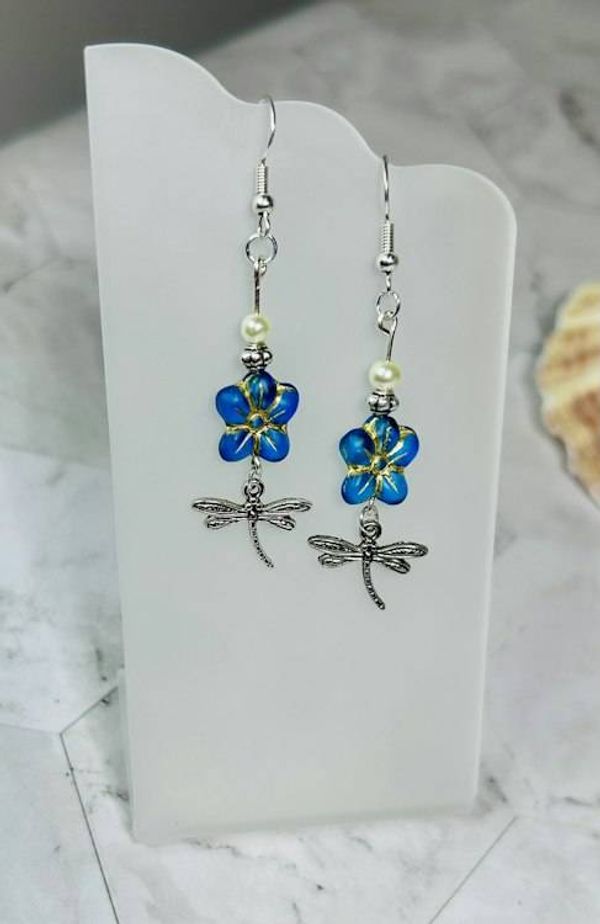 Alternate image for Blue Czech Glass Flower & Dragonfly Earrings with Pearl