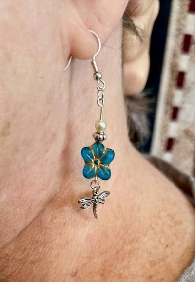Alternate image for Blue Czech Glass Flower & Dragonfly Earrings with Pearl