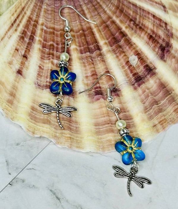 Alternate image for Blue Czech Glass Flower & Dragonfly Earrings with Pearl