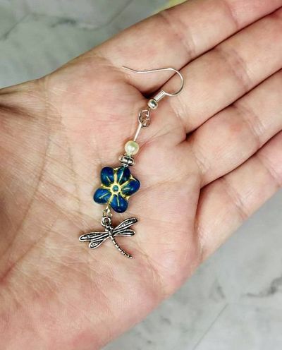 Alternate image for Blue Czech Glass Flower & Dragonfly Earrings with Pearl
