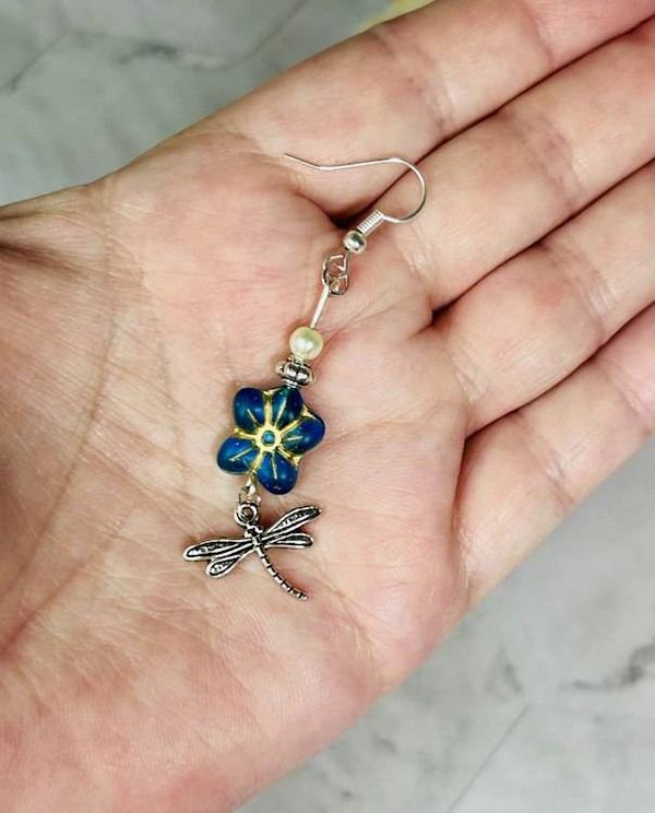 Alternate image for Blue Czech Glass Flower & Dragonfly Earrings with Pearl