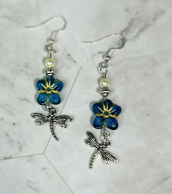 Alternate image for Blue Czech Glass Flower & Dragonfly Earrings with Pearl