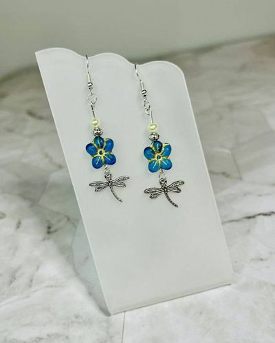 Alternate image for Blue Czech Glass Flower & Dragonfly Earrings with Pearl