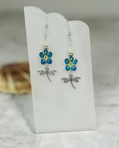 Alternate image for Blue Czech Glass Flower & Dragonfly Earrings with Pearl