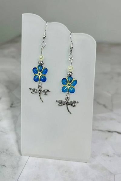 Alternate image for Blue Czech Glass Flower & Dragonfly Earrings with Pearl