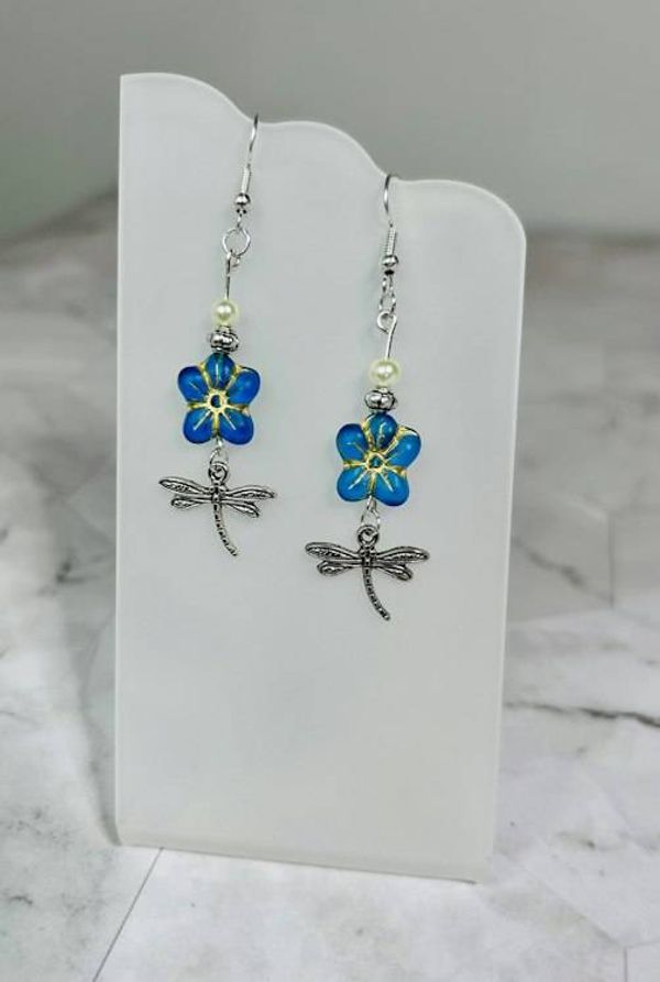 Alternate image for Blue Czech Glass Flower & Dragonfly Earrings with Pearl