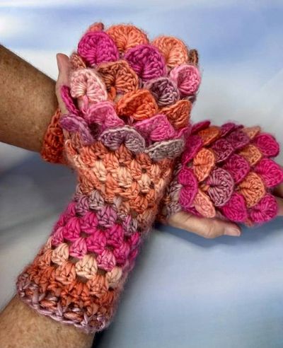 Alternate image for Crocheted Dragon Scale Fingerless Gloves Pink Orange