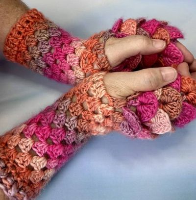 Alternate image for Crocheted Dragon Scale Fingerless Gloves Pink Orange