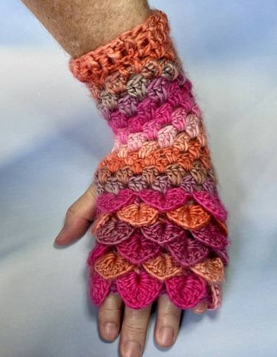 Alternate image for Crocheted Dragon Scale Fingerless Gloves Pink Orange