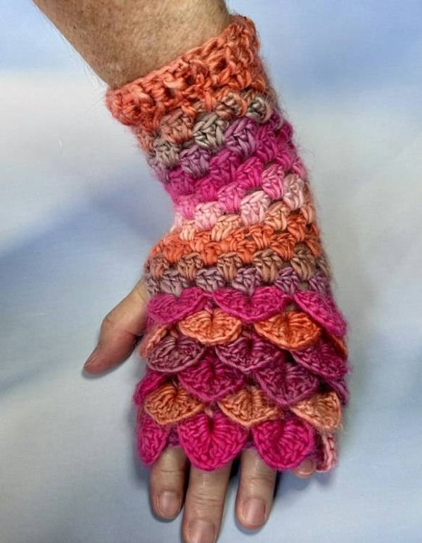 Alternate image for Crocheted Dragon Scale Fingerless Gloves Pink Orange