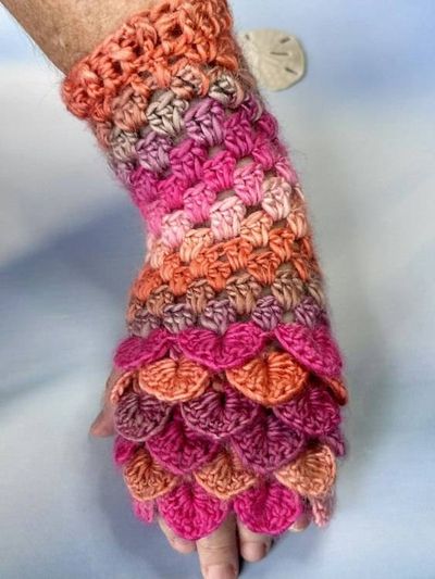 Alternate image for Crocheted Dragon Scale Fingerless Gloves Pink Orange