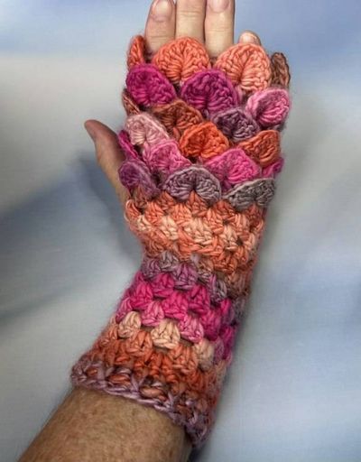 Alternate image for Crocheted Dragon Scale Fingerless Gloves Pink Orange