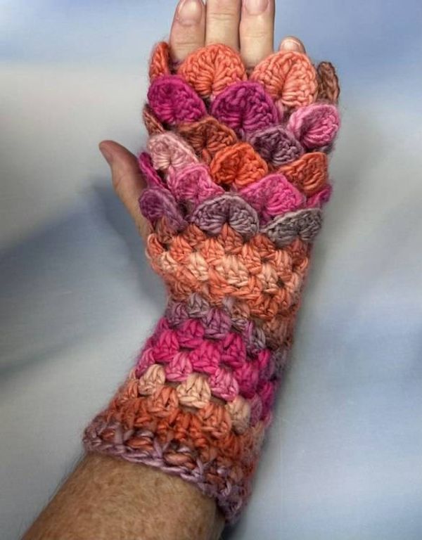 Alternate image for Crocheted Dragon Scale Fingerless Gloves Pink Orange