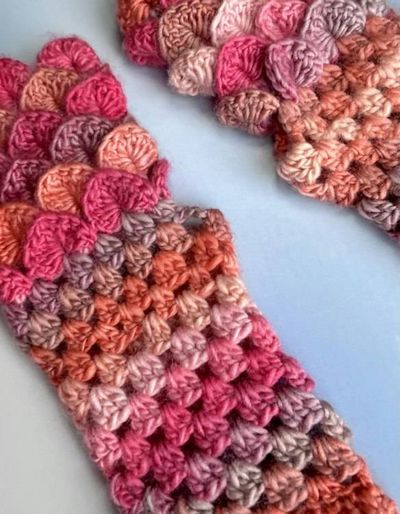 Alternate image for Crocheted Dragon Scale Fingerless Gloves Pink Orange