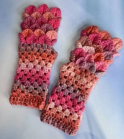 Alternate image for Crocheted Dragon Scale Fingerless Gloves Pink Orange