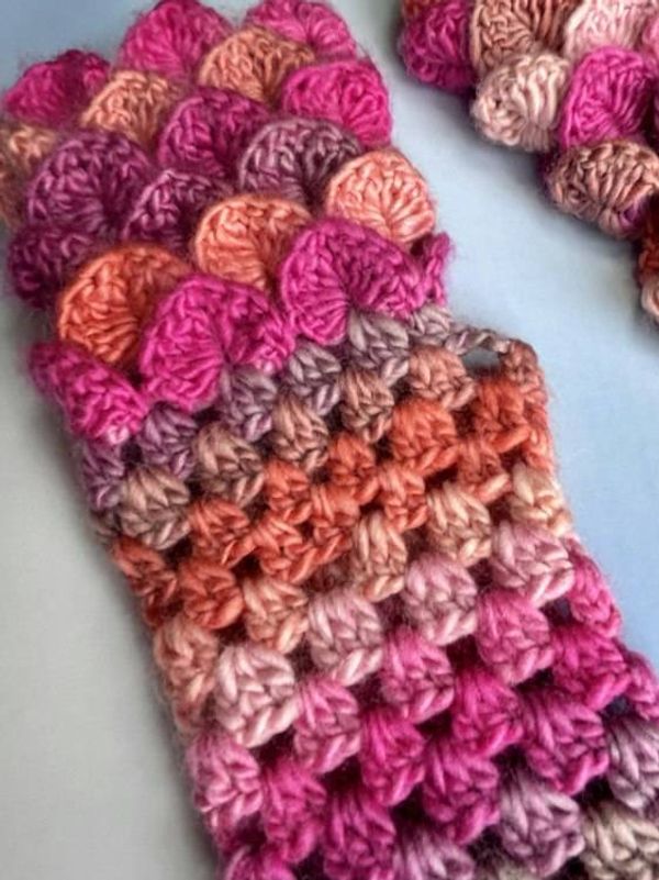 Alternate image for Crocheted Dragon Scale Fingerless Gloves Pink Orange