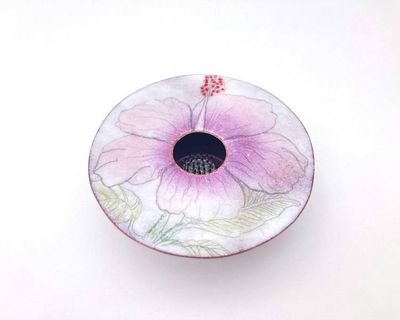 Alternate image for Copper Enamel Ikebana Vase with Hand Painted Hibiscus