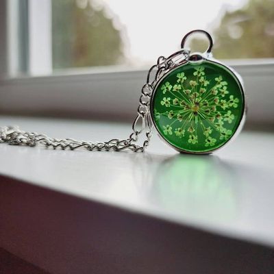 Primary image for Green Stained Glass Pendant, Pressed Flower Necklace, Queen Annes Lace Wildflowers, 13th Anniversary Gift