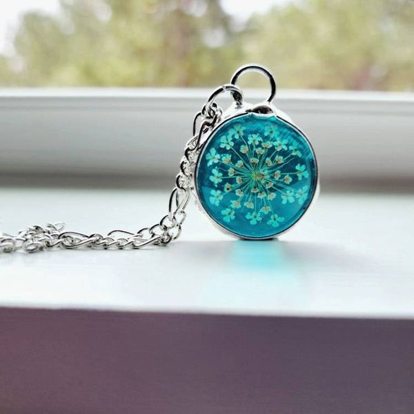 Alternate image for Pressed Flower Pendant Necklace for Women, Stained Glass Jewelry, Real Queen Annes Lace, Natural Flower Pendant