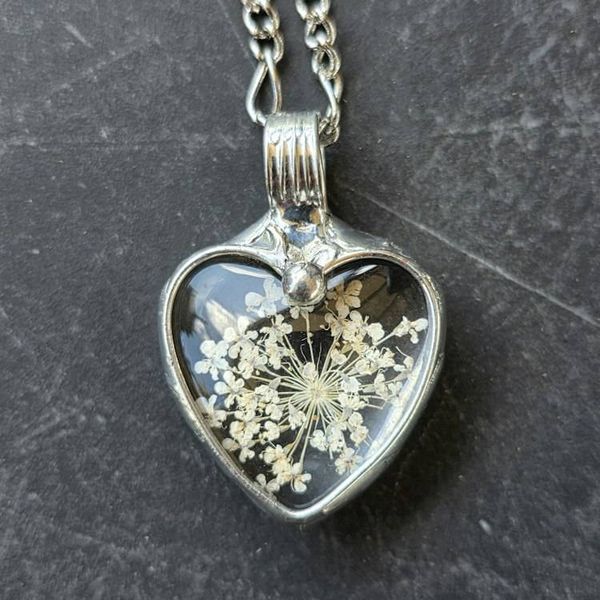 Alternate image for Queen Annes Lace Glass Heart Pendant, Pressed Flower Necklace, 13th Anniversary Gift for Wife
