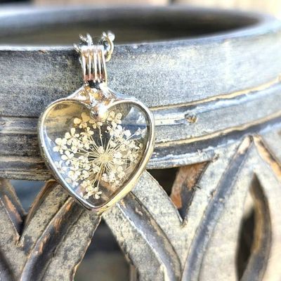 Alternate image for Queen Annes Lace Glass Heart Pendant, Pressed Flower Necklace, 13th Anniversary Gift for Wife