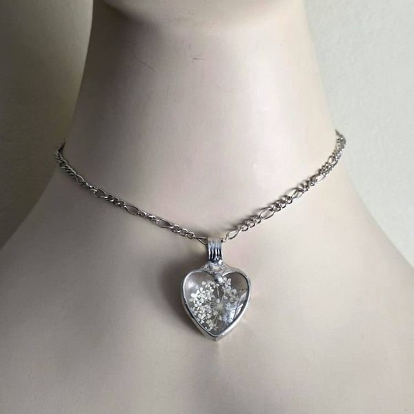 Alternate image for Queen Annes Lace Glass Heart Pendant, Pressed Flower Necklace, 13th Anniversary Gift for Wife