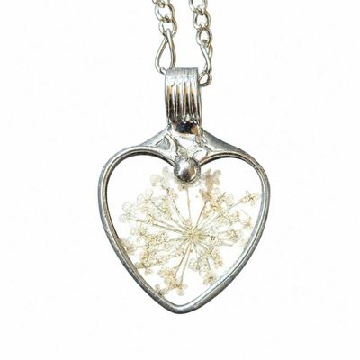 Alternate image for Queen Annes Lace Glass Heart Pendant, Pressed Flower Necklace, 13th Anniversary Gift for Wife