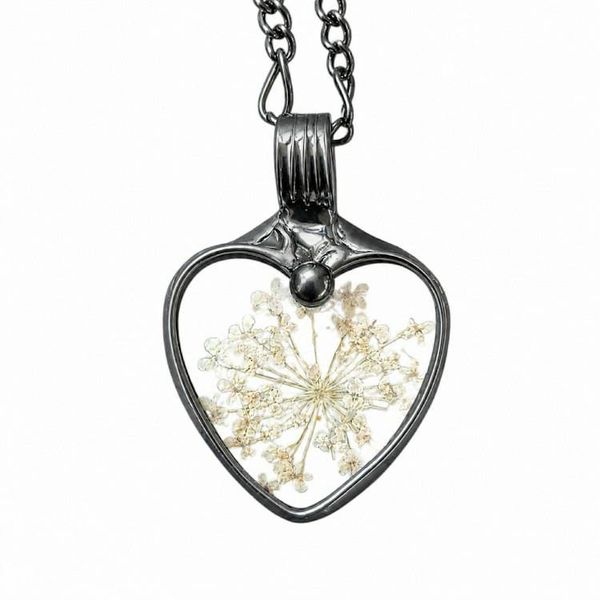 Alternate image for Queen Annes Lace Glass Heart Pendant, Pressed Flower Necklace, 13th Anniversary Gift for Wife