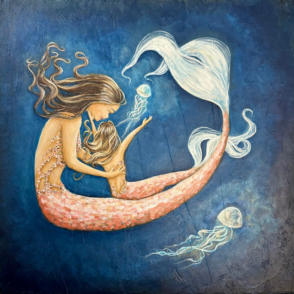 Navy Mermaid Mother and Daughter Acrylic Painting