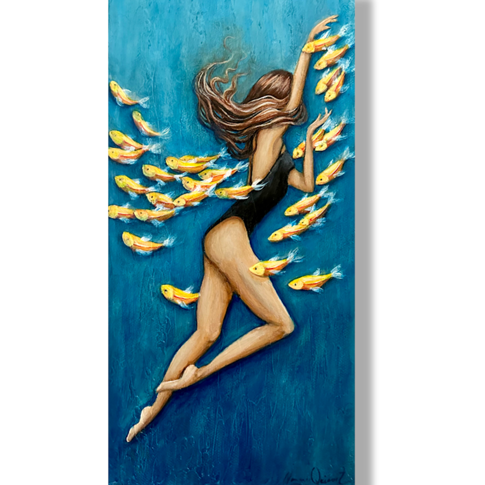 Woman swimming underwater with fish painting